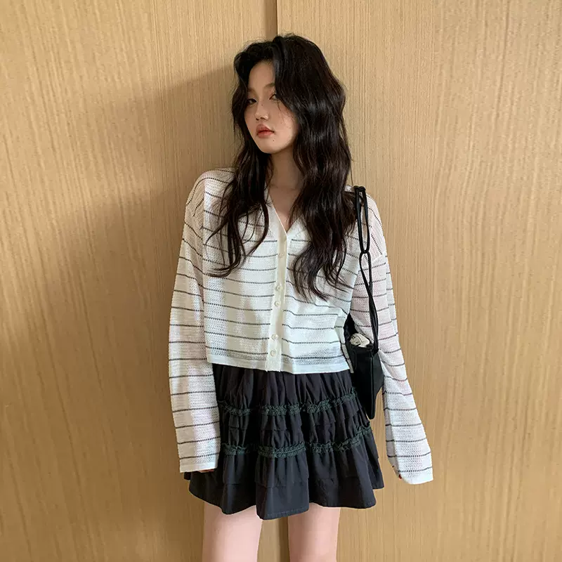 【清仓不退不换】MOXI 十三行女装针织衫V领条纹毛织防晒开衫上衣