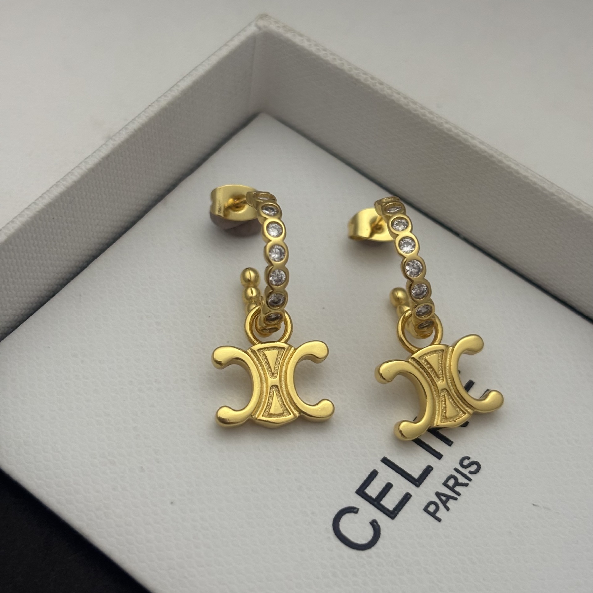 Ce Arc De Triomphe Earrings Zircon Jewelry Niche Design Minimalist Earrings Micro-Inlaid Hoops European and American Retro Cross-Border Trade