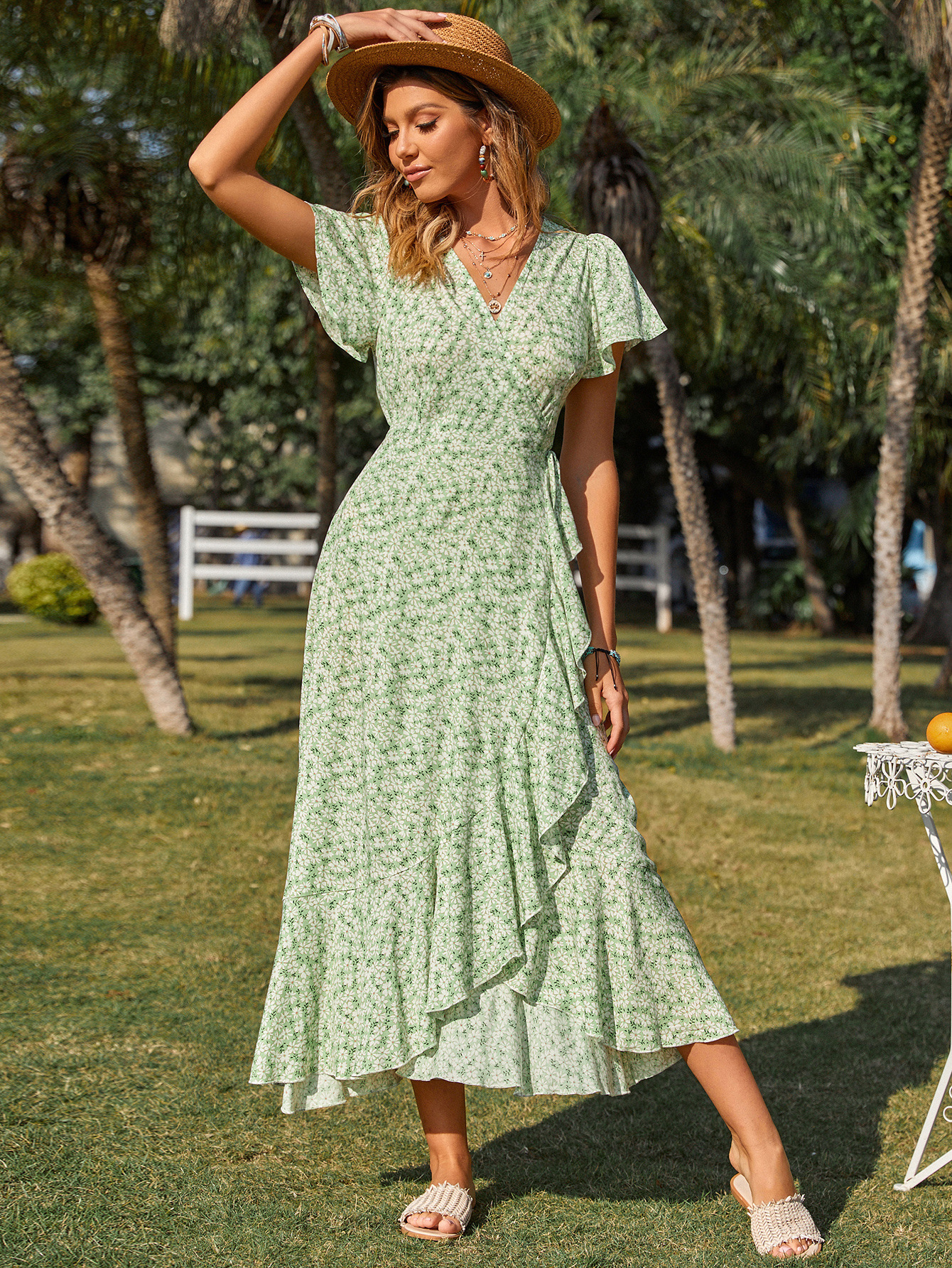 Short Sleeve Floral Ruffle Midi Dress Green