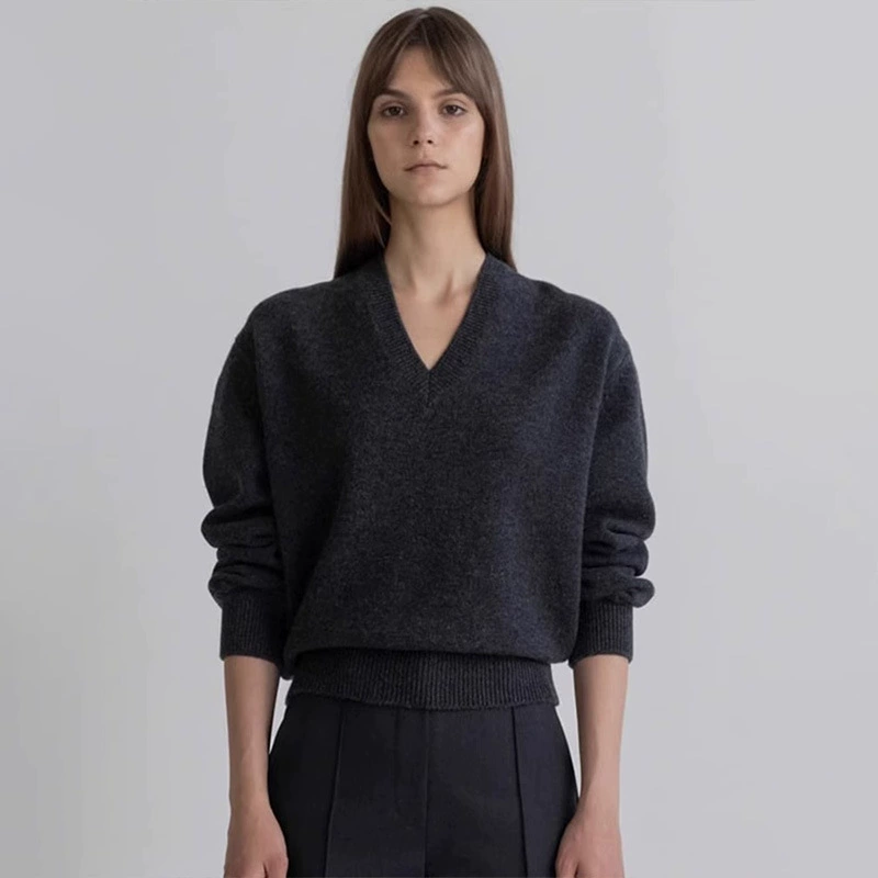 MO * NDAL женский трикотаж с v-образным вырезом, весна-осень 2022, новый стиль, ленивый стиль, серый шерстяной трикотаж для женщин