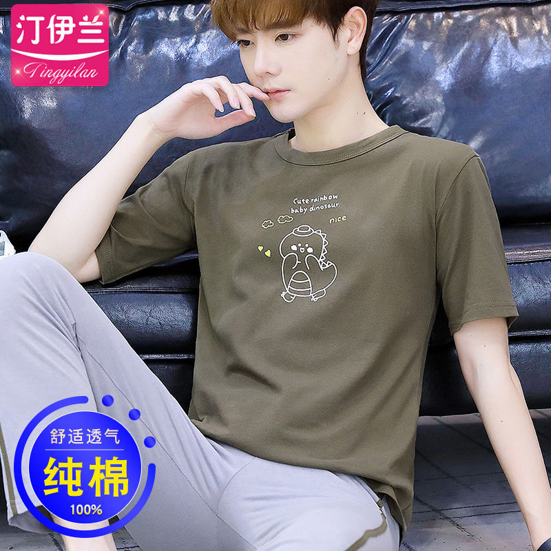 Internet celebridad cardigan pijamas casuales de los hombres de algodón de verano Delgado pantalones de manga corta traje ropa de casa de verano