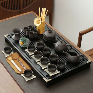 Complete Household Tea Set with Small Tea Tray, Water Storage and Drainage Tea Table, Purple Clay Kung Fu Tea Drinking Set for Living Room