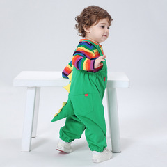 Baby and Toddler Fall New Striped T-Shirt with 3D Green Dinosaur Overalls Cute and Playful Outfit
