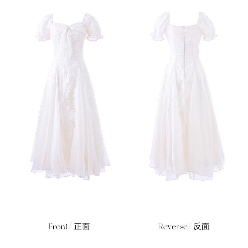 Blovelan白茶与风纯欲白月光气质刺绣花朵蓬蓬连衣裙度假风长裙女|undefined