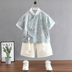 Mandarin Collar Hanfu Traditional Style Stylish Summer Outfit Set for Boys, New Chinese Style National Wind Short Sleeve Pants Two-Piece Set Daily Thin Version Cool
