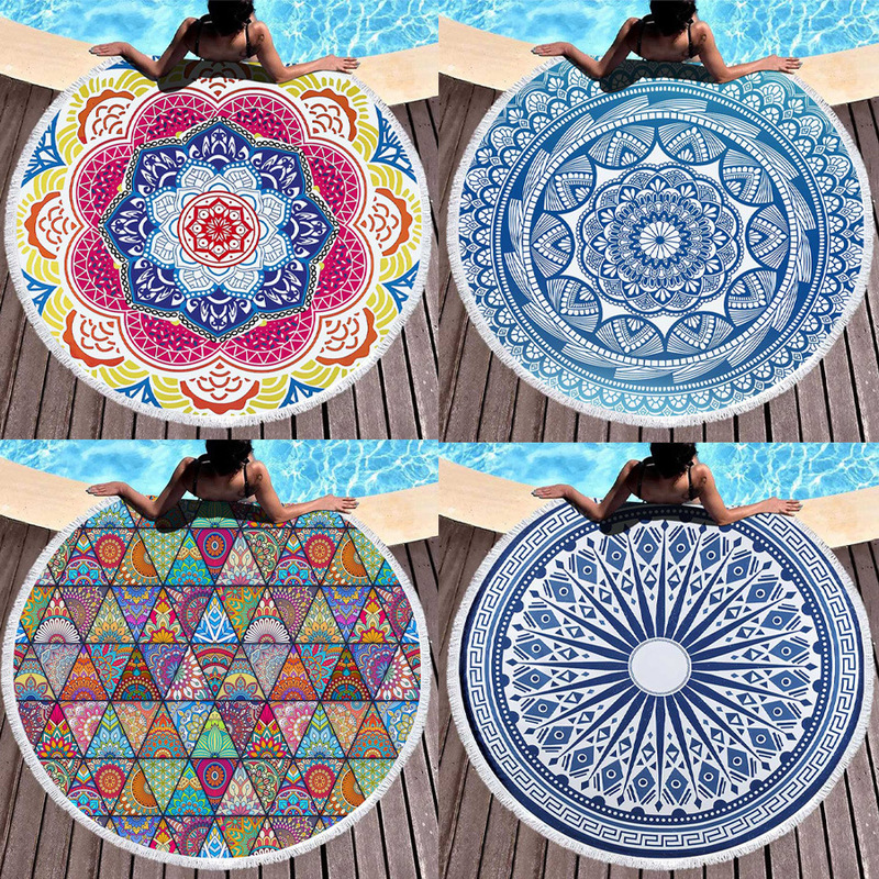 Cross-border Supply Microfiber Mandala Flower Round Summer Beach Towel Shawl Printed Tassel