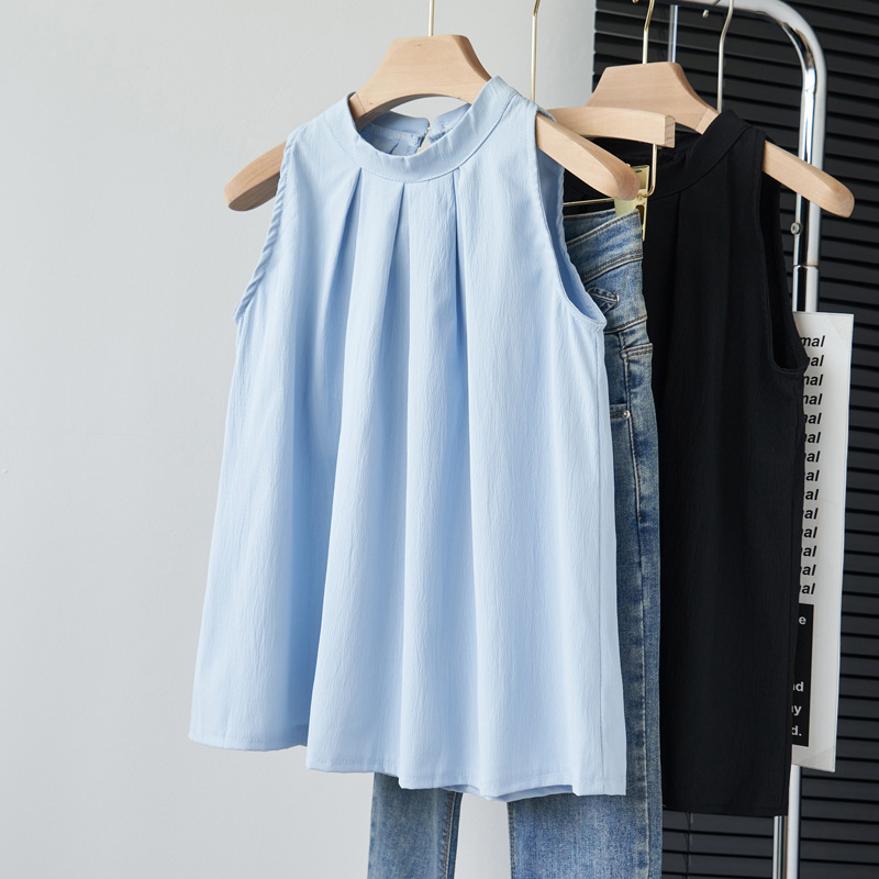 Korean style sleeveless halter shirt women's autumn new fashion round neck design pleated blue shirt fashion