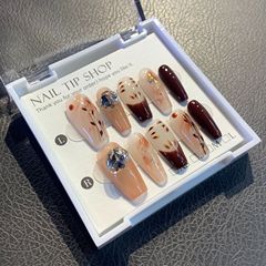 【Collection 15-2】Handmade Wearable Nails Beauty Nail Art Finished Nail Sheet Crafted High-End Red French Cat-Eye Finished