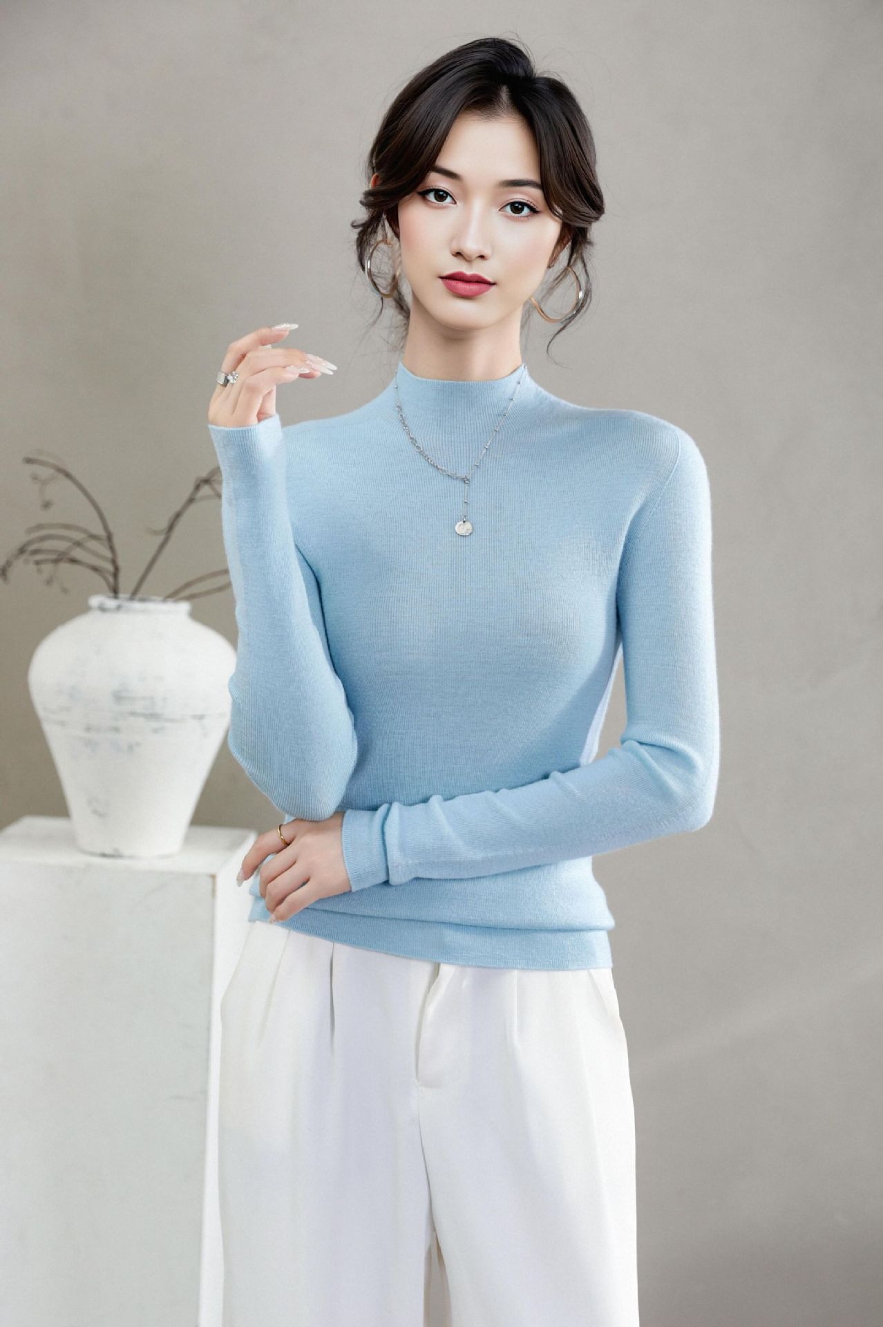 揚子糸ワンピース成形シームレスウールセーター女性のセータースリムハーフタートルネック 100% ウールニットボトリングシャツ