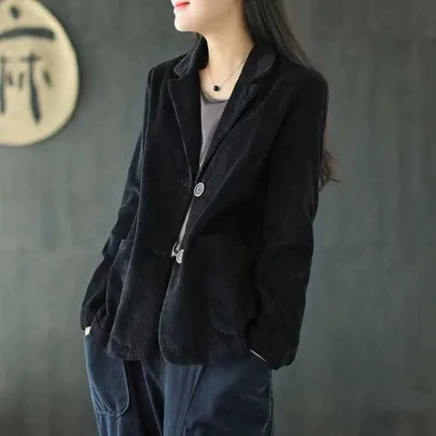 Corduroy suit, solid autumn jacket, retro long-sleeve for leisure, high collar