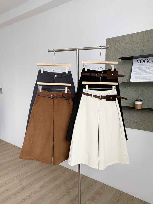 2025 New Autumn and Winter Korean Style Fashionable Chic Pure Color Corduroy Cropped Pants for Women High Waist Slim Wide Leg Pants Trendy