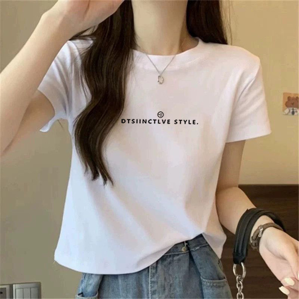 Cotton summer white short short sleeve T-shirt with a round collar