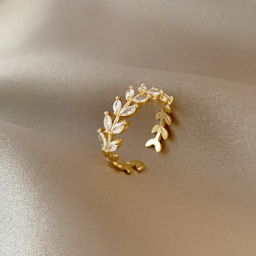 Open adjustable zircon leaf ring for women ins trendy fashion simple personalized design index finger ring bracelet