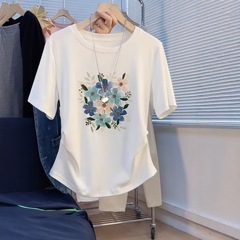 女性用の白いプリントデザインTシャツ、小さめ、ゆったり、スリム、半袖、韓国風ラウンドネック、おしゃれな通勤トップス