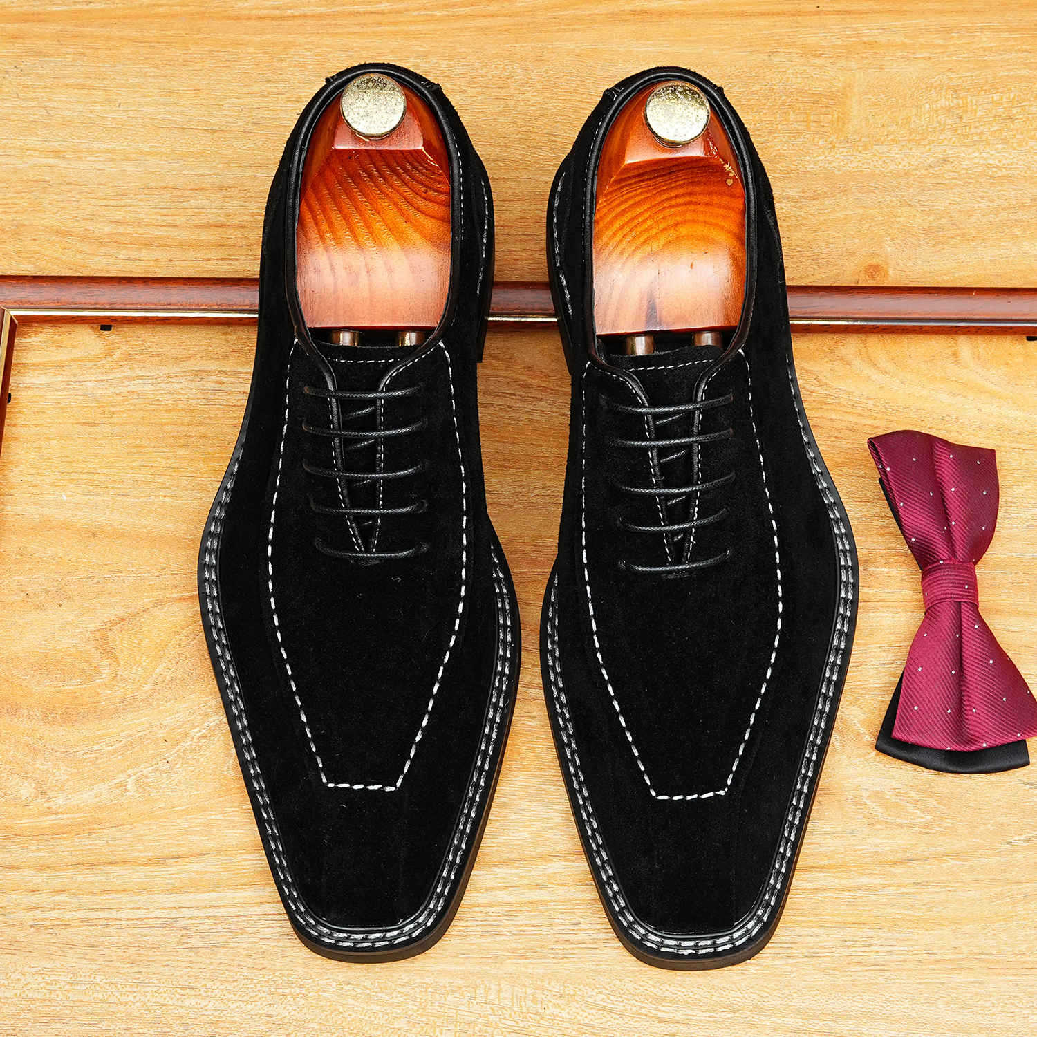 【足】反绒皮鞋男真皮简约翻毛皮商务休闲英伦正装方头牛津鞋磨砂