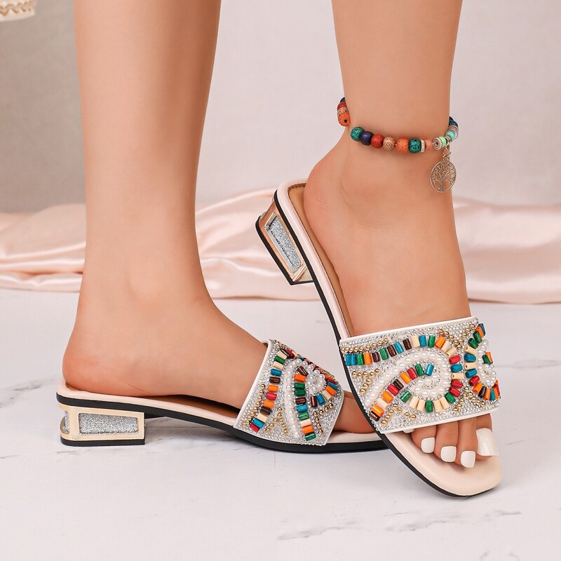 2026 Summer Large Size European and American Beaded Low-Heeled Slippers New Style Bohemian Ethnic Style Thick-Heeled Sandals for Women 2026 Summer Large Size European and American Beaded Low-Heeled Slippers New Style Bohemian Ethnic Style Thick-Heeled Sandals for Women
