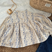 女童韩国长袖2024秋季新品儿童碎花木耳领泡泡袖衬衣袖小清新衬衫