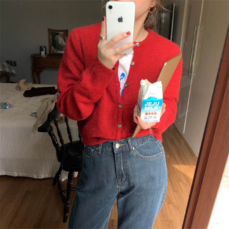 现货 2025秋季新款圆领紫色短款针织小款开衫宽松外穿毛衣外套女|undefined