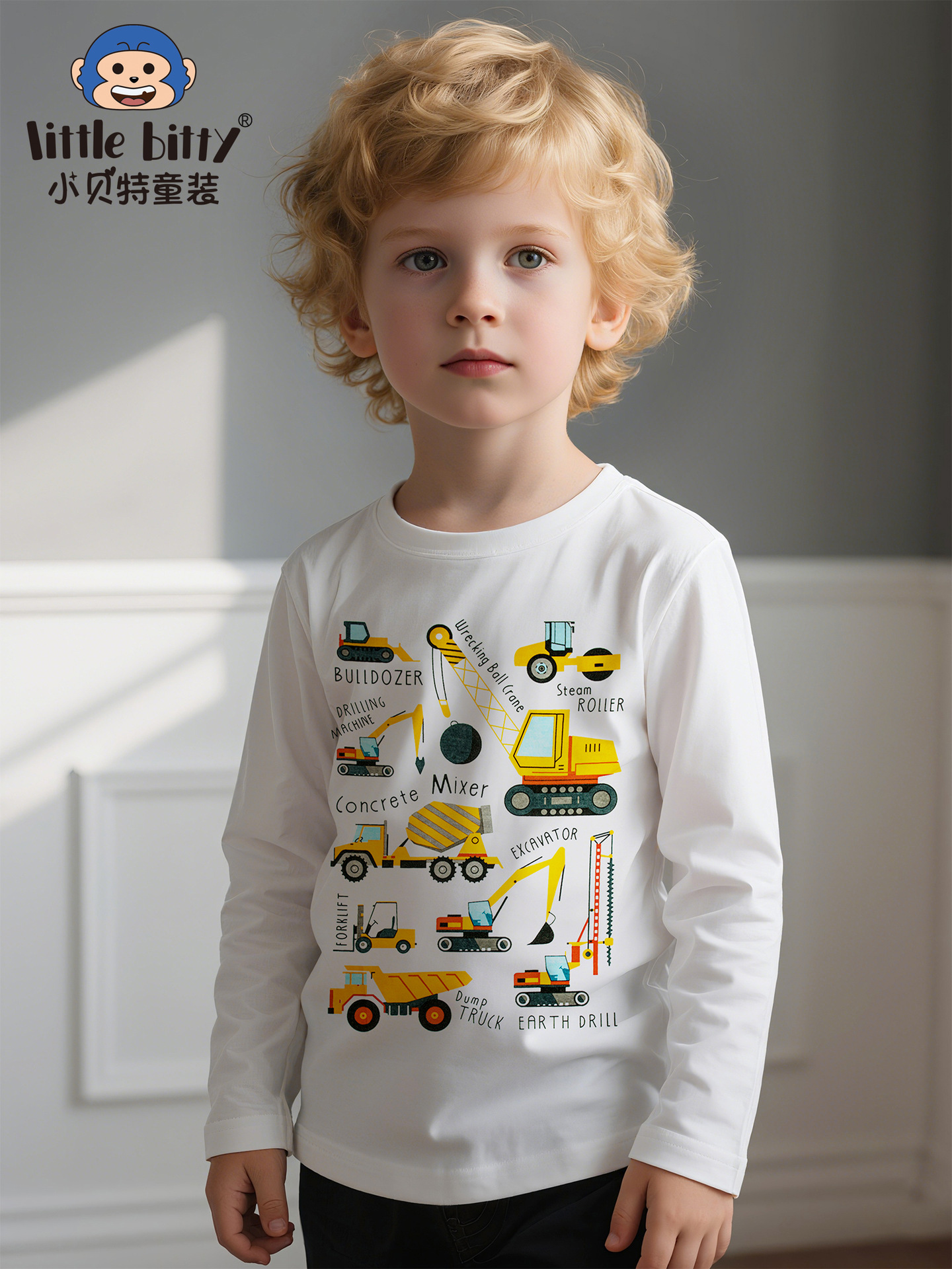 Cross-Border 25Th Autumn and Winter Boys' Long-Sleeved T-Shirt Cartoon Excavator Print Kidsren's Round Neck T-Shirt Fashionable European and American Clothing