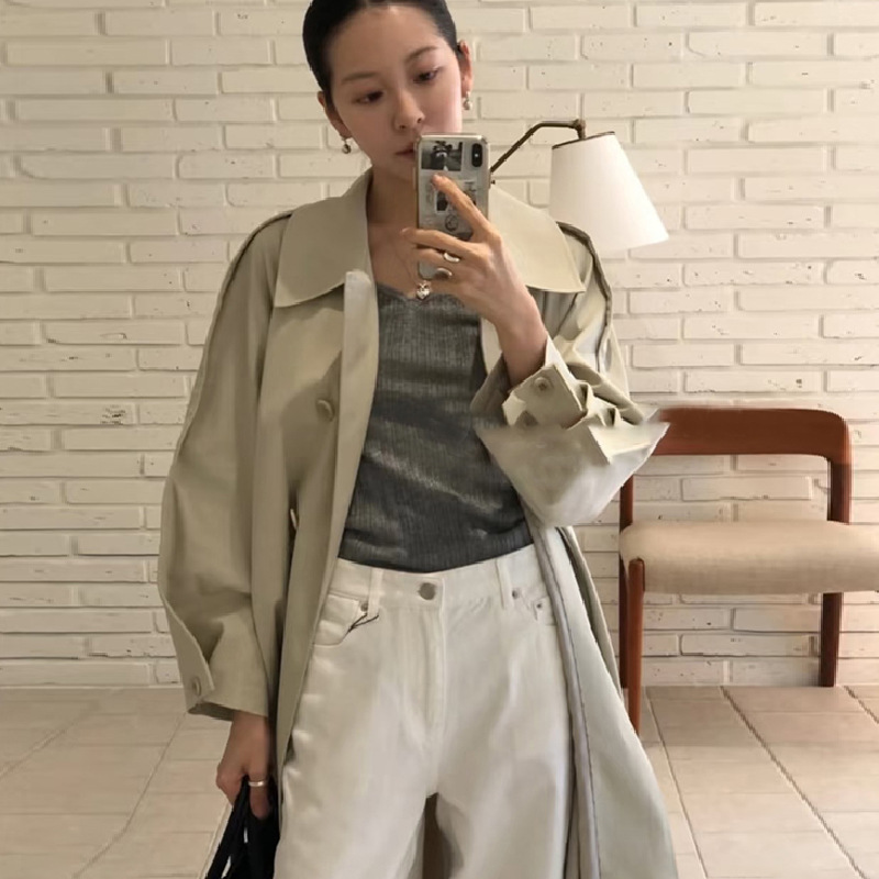 2026 Spring New Korean Style British Style Long Trench Coat with Lapel and Tie Waist for Women