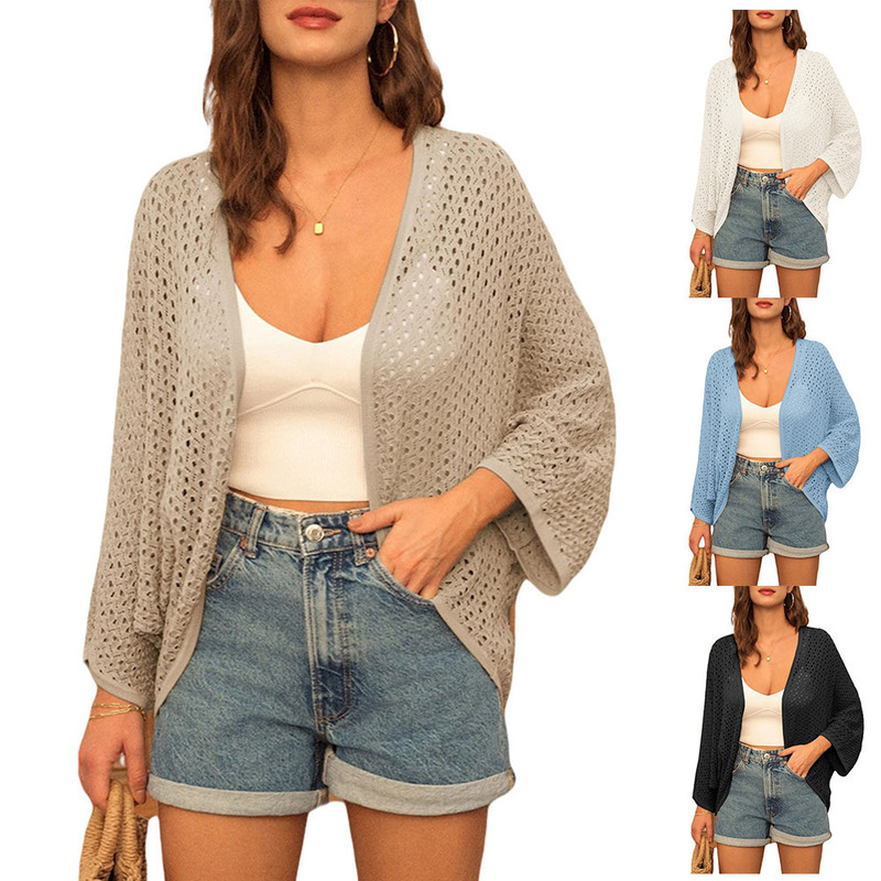 2024 Independent Station Summer European and American Cross-border Cardigan 3/4 Sleeve Bat Wing Cardigan Crochet Cardigan Hollow Cardigan