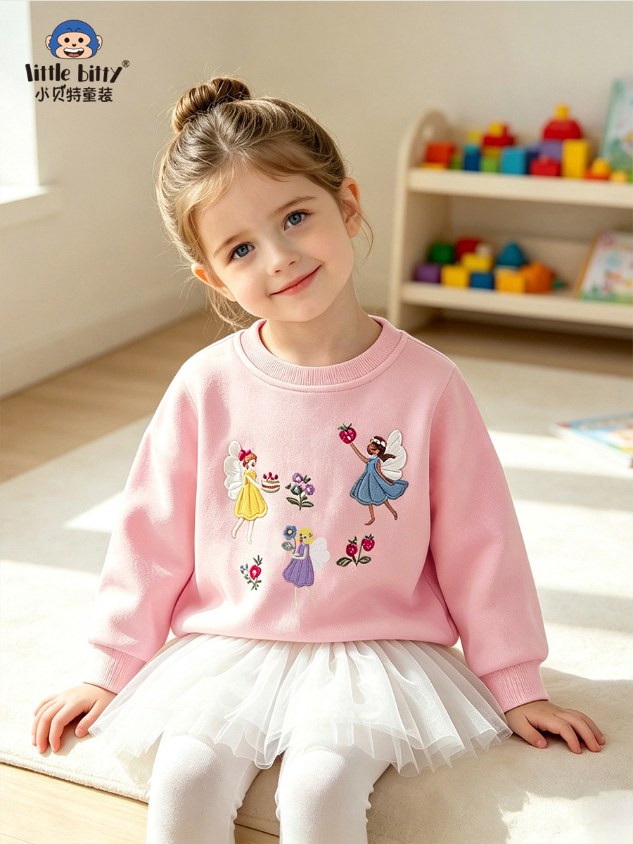 Cross-border supply 2026 sweet and cute long-sleeved children's sweatshirt for autumn and winter with butterfly fairy embroidery and round neck