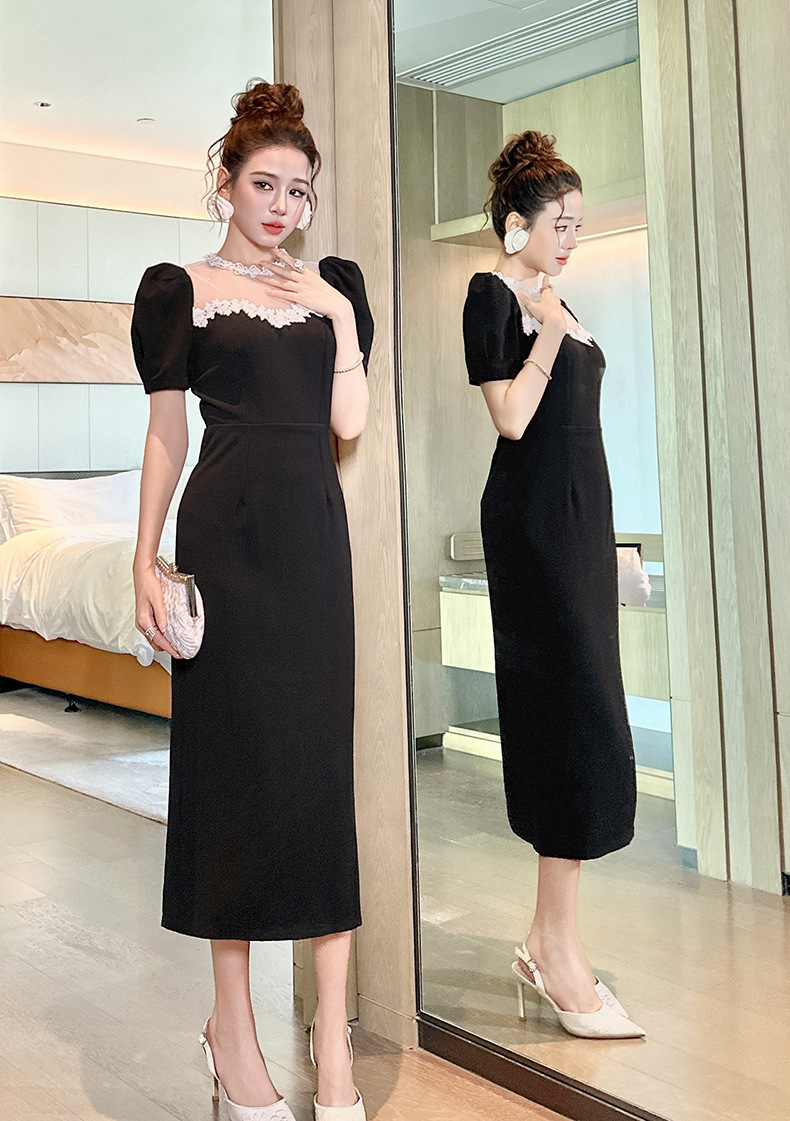 Váy đen cổ tròn thắt eo tay phồng dáng dài Hepburn — đen