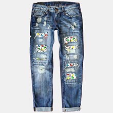 I 45150 Distressed Print Patch Jeans �ƶ�ӡ��ţ�п� �羳����