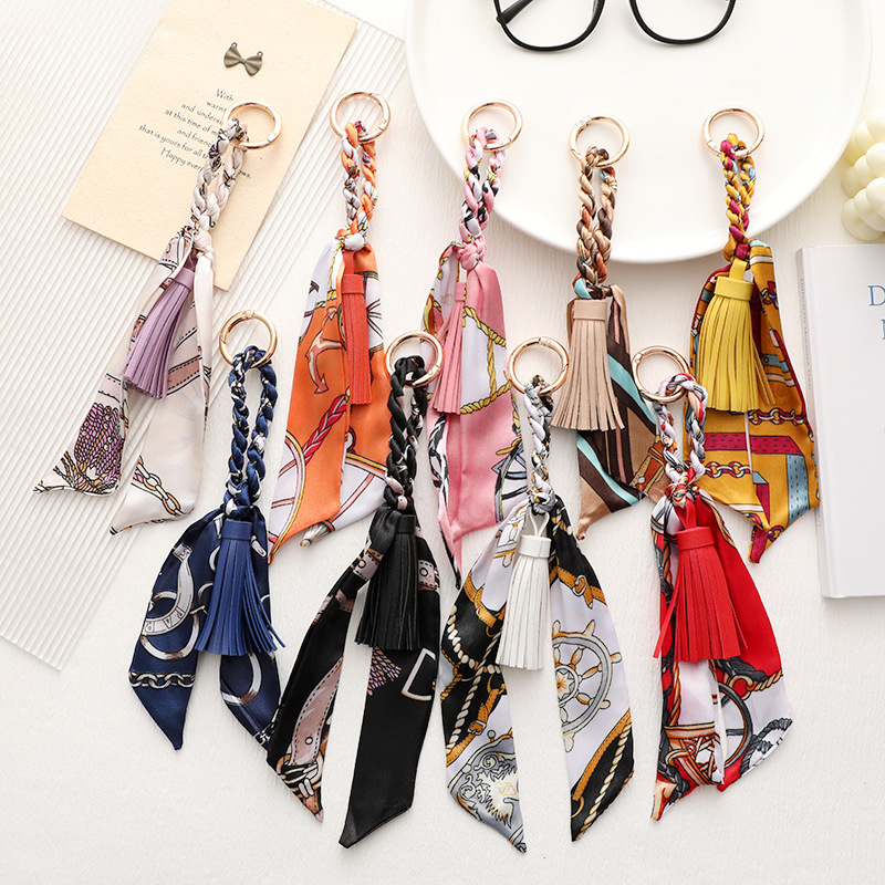 Fashion Silk Scarf Leather Tassel Keychain Bag Decoration Versatile Women's Bag Pendant Accessory Keychain Fashion Silk Scarf Leather Tassel Keychain Bag Decoration Versatile Women's Bag Pendant Accessory Keychain