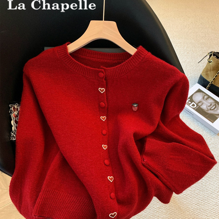 New Year and Christmas Red Button Heart Sweater Coat for Women, Autumn and Winter Loose Soft Korean Style Versatile Knitted Cardigan