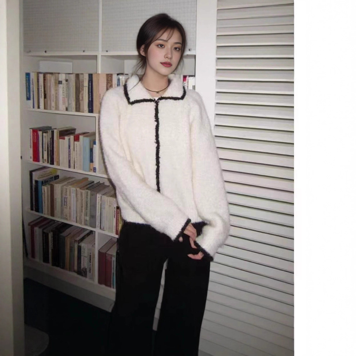 撞色翻领毛衣外套女秋冬软糯外穿宽松慵懒风休闲针织开衫上衣