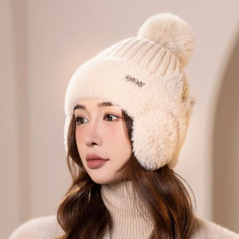 新款冬季针织棒球帽女秋冬骑车加厚防寒毛绒帽保暖甜美护耳毛线帽|undefined