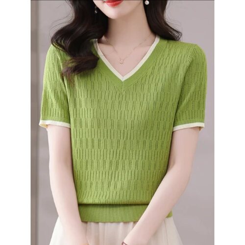 Women's Summer 2025 Loose and Slimming Breathable V-Neck Knit Short-Sleeve T-Shirt, Stylish Mother's Day Top