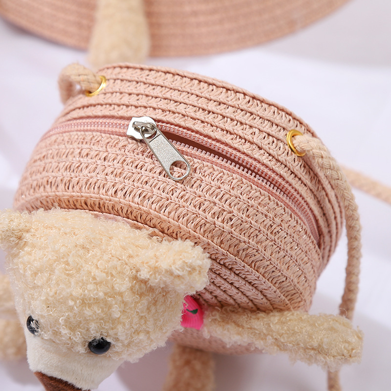 138g Weight Weave Fashion Element Zipper Closure Type Single Shoulder Strap Strap Type Straw Bag Bags Type Casual, Holiday Occasion Straw Material Animal, Cartoon Pattern Spring&Summer Season Kid'S Gender Cute Style Round, Bucket Shape Kid'S Straw Animal Cartoon Cute Weave Round Bucket Zipper Straw Bag 20