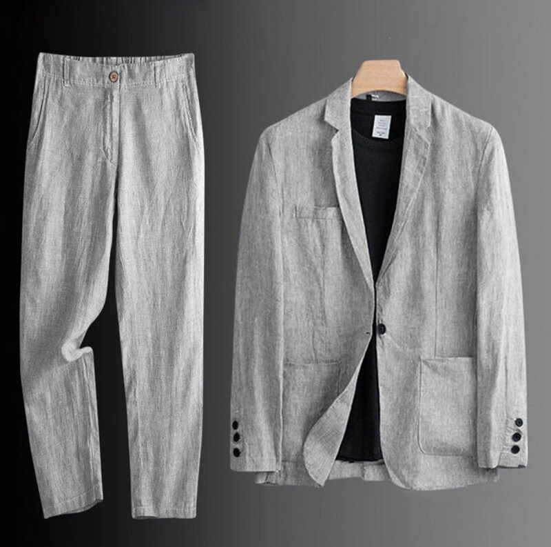 Men's Summer Korean-Style Linen Suit, Slim-Fit Thin Cotton-Linen Casual Loose Jacket, Sun-Protective Two-Piece Set for Men