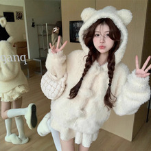 冬季新款软妹套装小熊耳朵毛绒绒保暖连帽外套软糯显瘦半身短裙女