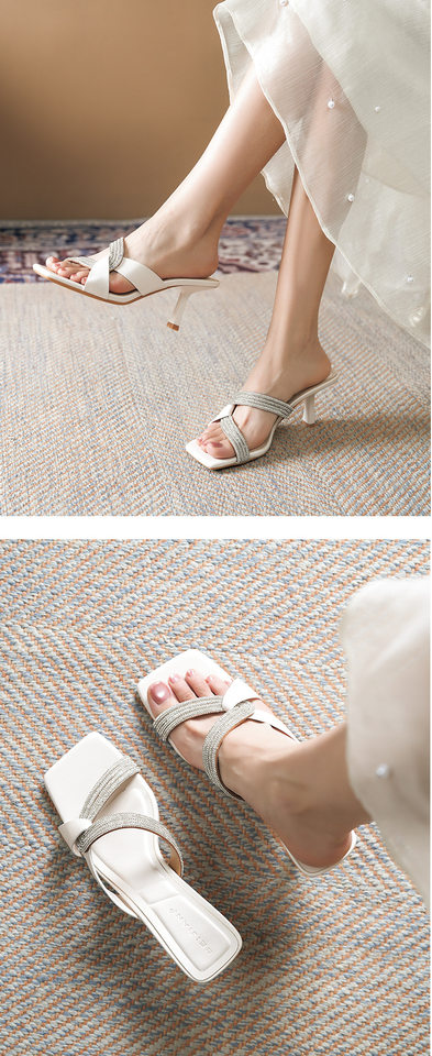 Dép sandal nữ quai ngang mũi vuông hở ngón đính đá hình rắn, gót cao 6–8 cm — Màu bạc, Màu hồng nhạt, Màu trắng ngà chi tiết 8