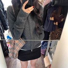复古美式立领拉链毛衣开衫女秋冬纯色针织衫外套修身短款简约上衣