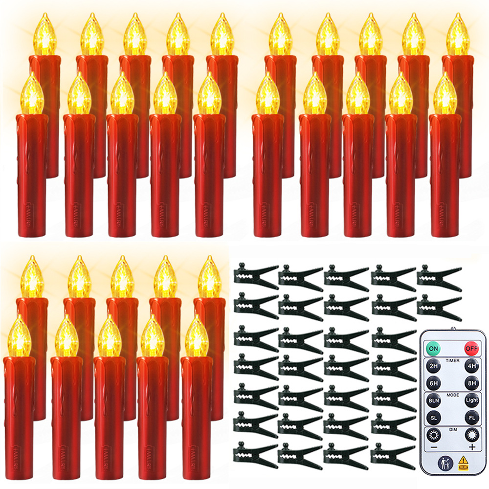 Luz LED tipo vela con carcasa roja y clip, función de temporizador, decoración para árbol de Navidad, control remoto de 7 teclas con temporizador, venta al por mayor de fábrica.