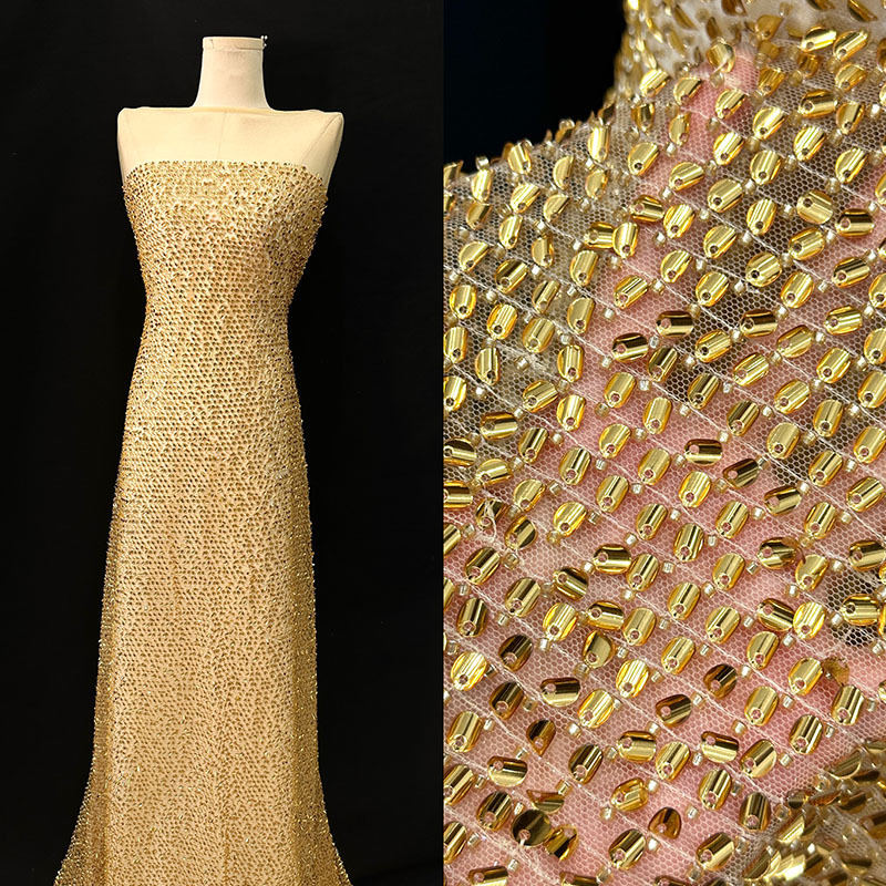 Bordado de tubo de cuentas Medio rollo tejido de lentejuelas industria pesada vestido de novia de alta gama vestido de rendimiento tela de bordado de encaje de moda