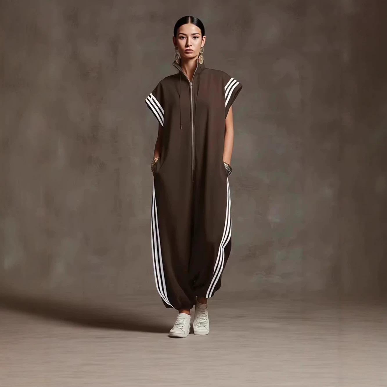 2026 European and American Cross-Border Foreign Trade Zippered Stand-Collar Striped Color-Blocking Fashion Jumpsuit in Stock for Quick Delivery