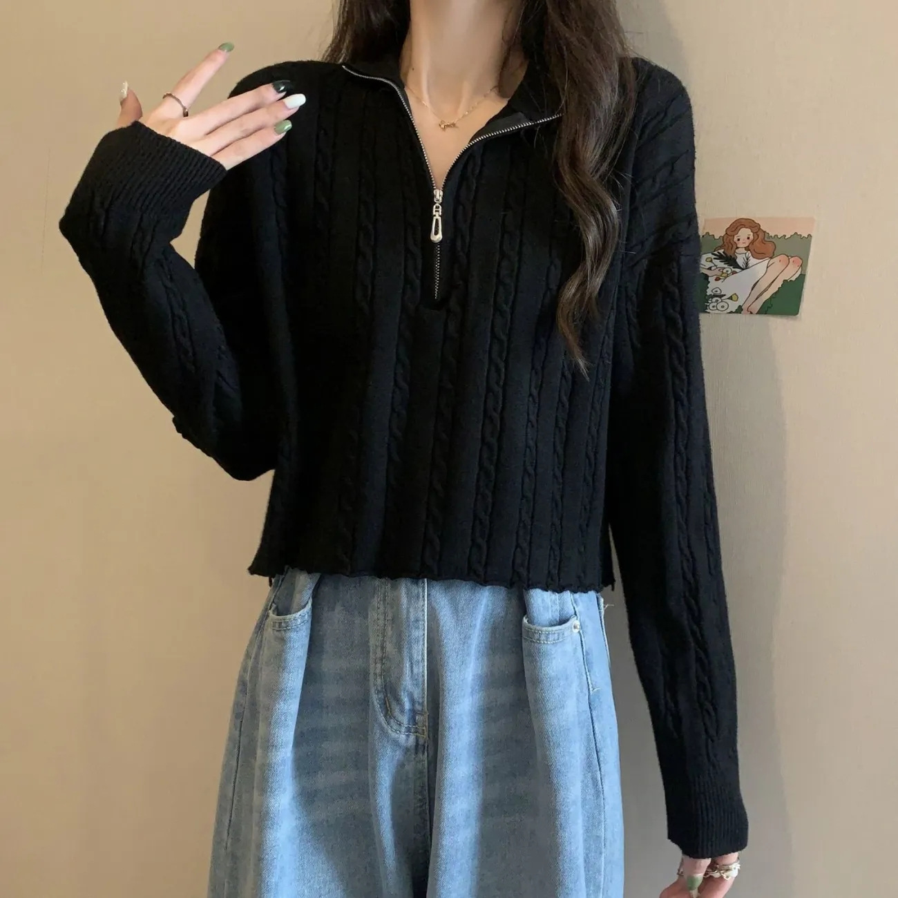 Ceptas mīklas vērpšanas rāvējslēdzēja korejiešu adīta augšdaļa, sieviešu rudens, garām piedurknēm, pusaugstas apkakles, maza, īsa apakšdaļa, džemperis_voghion.com