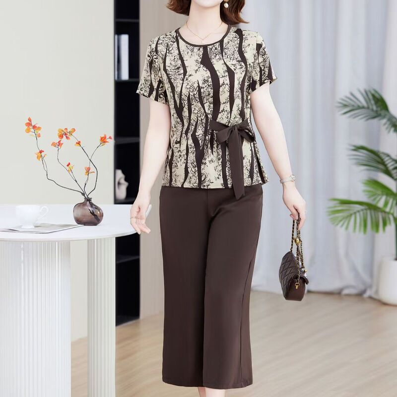 Mom's Summer Casual Suit Large Size Fashionable Middle-Aged and Elderly Women's Summer Loose Short-Sleeved T-Shirt Top Two-Piece Set Mom's Summer Casual Suit Large Size Fashionable Middle-Aged and Elderly Women's Summer Loose Short-Sleeved T-Shirt Top Two-Piece Set
