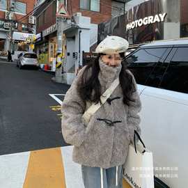 新款立领牛角扣中长款仿皮草羊羔毛毛外套女皮毛一体上衣冬季保暖