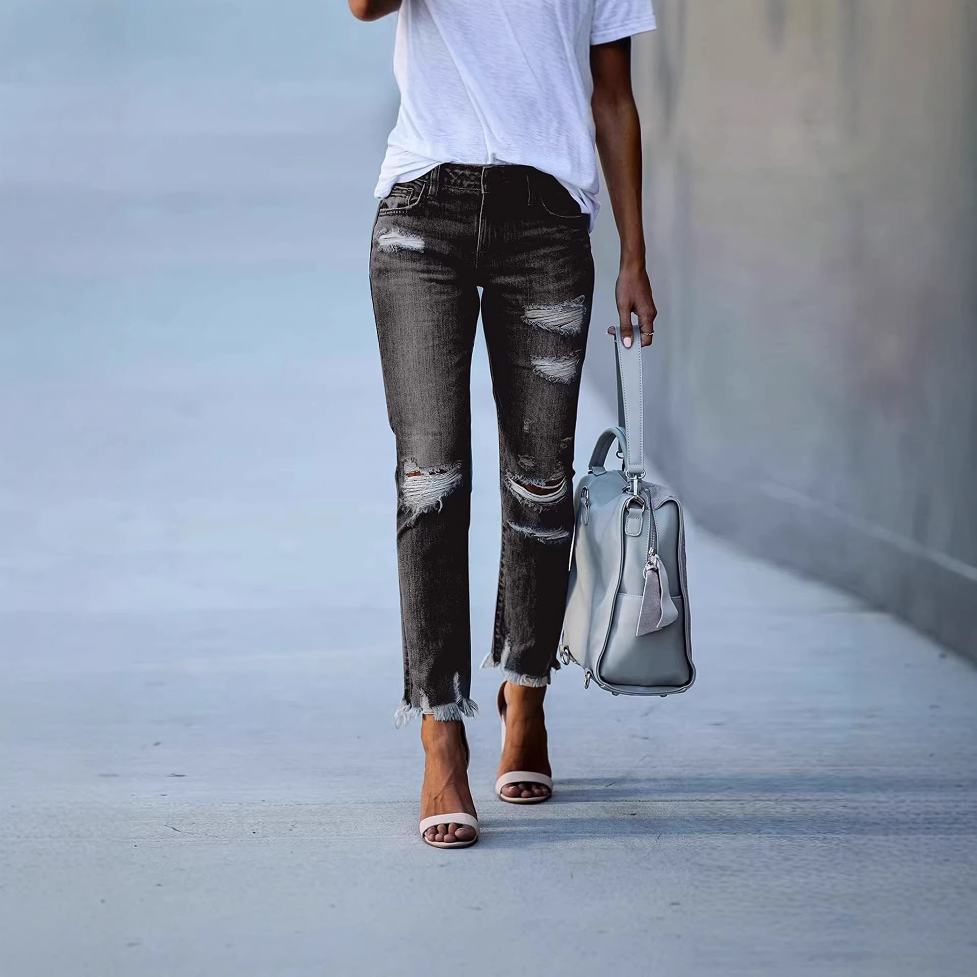 Jeans Ajustados Rotos para Mujer de Algodón y Poliéster, Cintura Alta, Ligeramente Elásticos