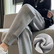 灰色加绒运动卫裤女2025春季新款宽松九分哈伦裤休闲加厚束脚长裤