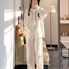 少女碎花长袖睡衣女春秋2025新款高级甜美长袖圆领开衫家居服套装