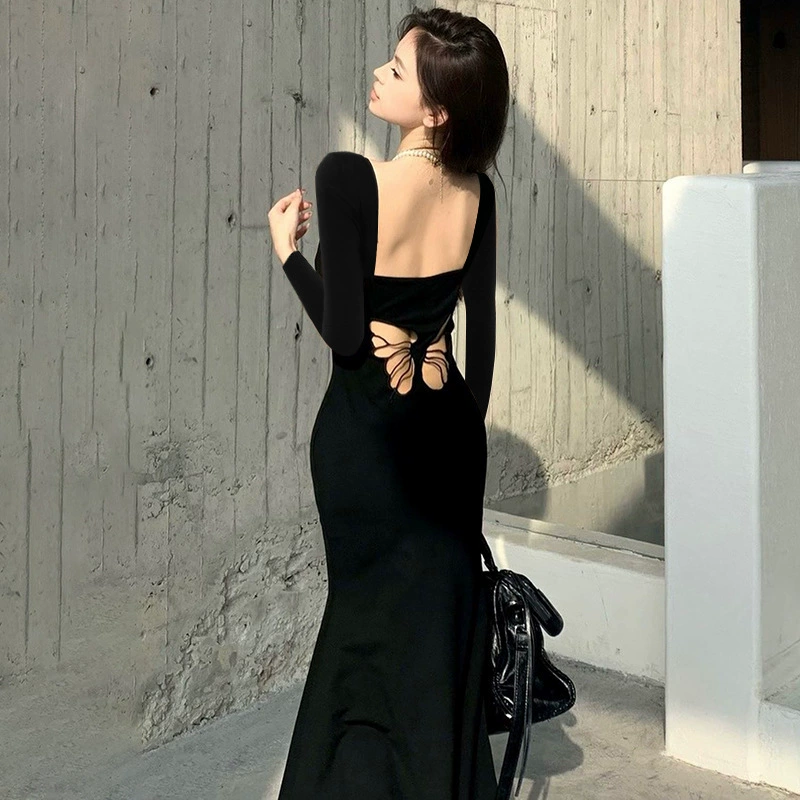 W213DS Европа и США Spice Girl 2024 осень новый U-образный воротник с длинным рукавом бабочка вырезает вышитый рыбий хвост платье бедра