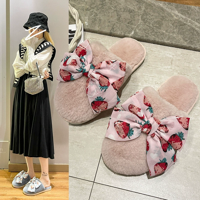 Теплые хлопковые тапочки с носком, женские осенне-зимние Новые Домашние мягкие пушистые тапочки на плоской подошве с бантом, модные тапочки