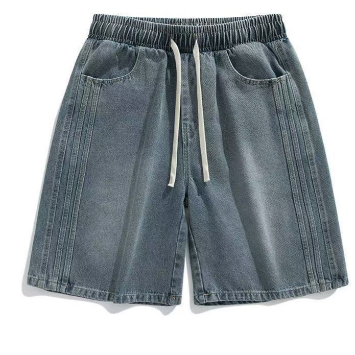 Washed Denim Shorts Men's Summer New Mountain Style Retro Side Patchwork Casual Pants Japanese Style Loose Five-Point Pants